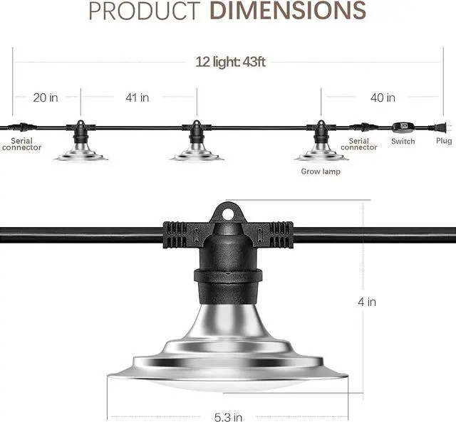 Alt view image 4 of 7 - Espird LED Grow Light Plant Growing Lamps with Timer, Outdoor Waterproof Grow Light String Grow Lights for Greenhouse, Full Spectrum Grow Light for Seeding Veg Flowers 6 Lights