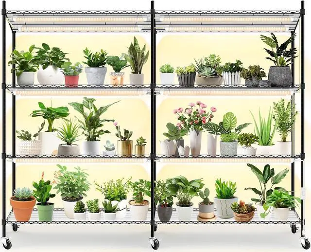 Main image of Plant Shelf with Grow Light, 4-Tier Large Grow Light Shelf with Wheels, Stainless Steel, 12-Pack 288W T8 Full Spectrum Grow Lights for Seed Starting(57.4" L x 13.8" W x 59" H)