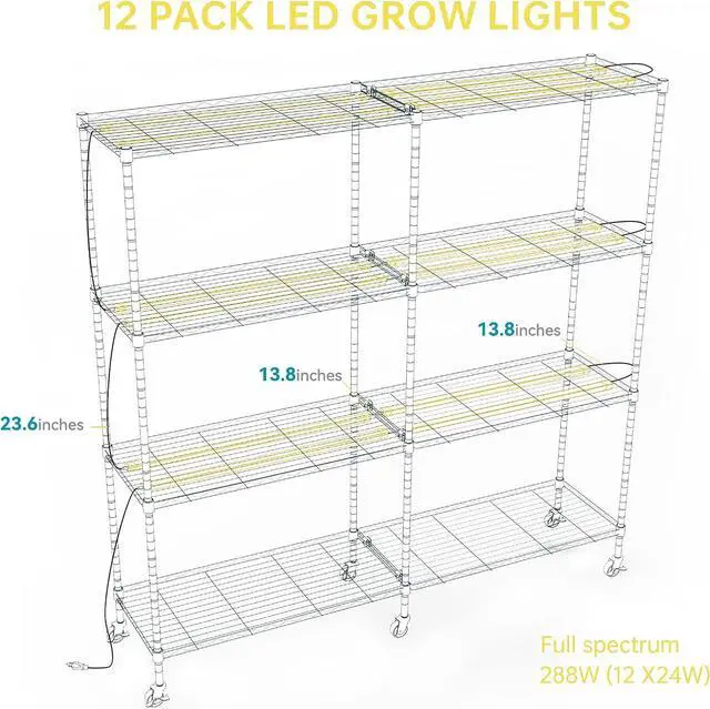 Alt view image 7 of 7 - Plant Shelf with Grow Light, 4-Tier Large Grow Light Shelf with Wheels, Stainless Steel, 12-Pack 288W T8 Full Spectrum Grow Lights for Seed Starting(57.4" L x 13.8" W x 59" H)