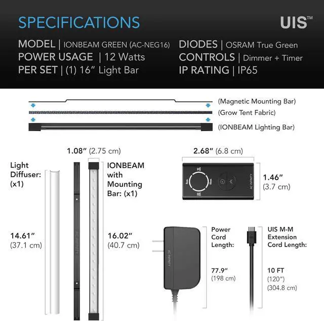 Alt view image 6 of 7 - AC Infinity IONBEAM Green, Plant Gentle Green LED Work Light Bar 16, Timer Controller Dimmer, for Indoor Plants, Grow Tents, and Grow Rooms