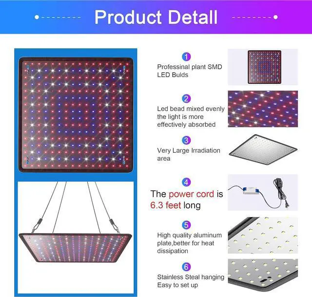 Alt view image 5 of 7 - 2 Pack LED Grow Light Panel 200W Lamp for Indoor Plants, Full Spectrum with White Blue Red UV IR LEDs for 4x4ft Coverage Grow Tent Greenhouse Veg and Bloom Seedlings Hydroponics