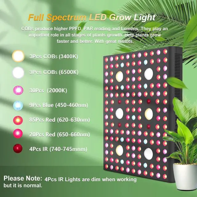 Alt view image 2 of 7 - AGLEX 655W COB LED Grow Light, Full Spectrum Plant Grow Lamp with Daisy Chain Veg and Bloom Switch for Hydroponic Greenhouse Indoor Plant Veg and Flower (C3000)