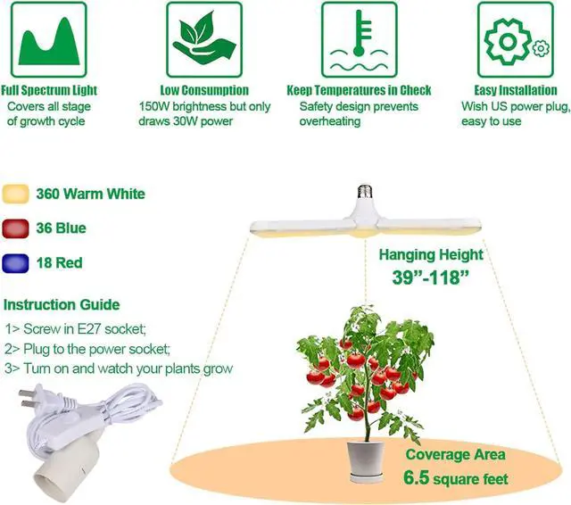 Alt view image 3 of 7 - 150W LED Grow Light Bulb Foldable Sunlike Full Spectrum Lamp for Indoor Plants, 414 LEDs Sunlike Grow Lights with Power Cord, E27 Plant Lamp for Flowers, Vegetables, Greenhouse & Hydroponic (2 Pack)
