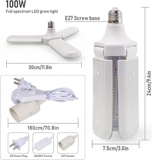 Alt view image 5 of 7 - 150W LED Grow Light Bulb Foldable Sunlike Full Spectrum Lamp for Indoor Plants, 414 LEDs Sunlike Grow Lights with Power Cord, E27 Plant Lamp for Flowers, Vegetables, Greenhouse & Hydroponic (2 Pack)