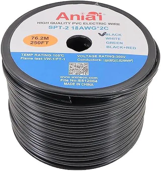 Main image of Aniai Low Voltage Landscape Wire,UL List 18/2 SPT-2 Electrical Wire,for Light and Lamp Extension Cable(250FT, Black)