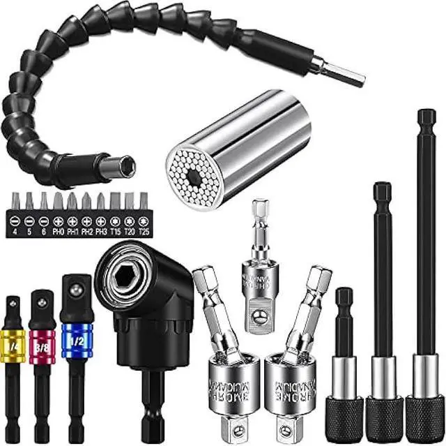 Main image of 22 Flexible Drill Extension Hex Shank Drill Bit Kit Rotatable Joint Socket 1/4 3/8 1/2 Inch Hex Socket Adapter Socket Bendable Drill Bit Extension Screwdriver 105 Degree Angle Drill Bit Extension