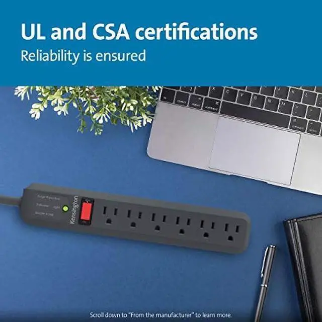 Alt view image 5 of 6 - Kensington Guardian 6 Outlet, 15-Foot Cord, & 540 Joules Premium Surge Protector (K38215NA), Black