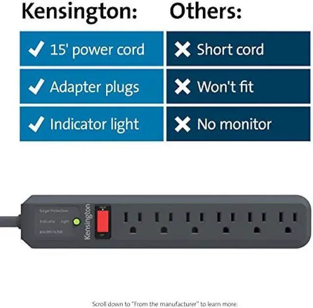 Alt view image 6 of 6 - Kensington Guardian 6 Outlet, 15-Foot Cord, & 540 Joules Premium Surge Protector (K38215NA), Black