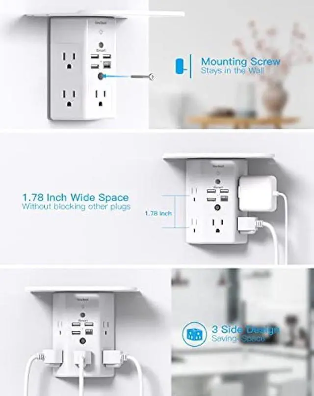 Alt view image 5 of 6 - Multi Plug Outlets, Wall Outlet Extender with Night Light and Outlet Shelf, Surge Protector 4 USB Ports(1 USB C), USB Wall Charger Power Strip Electric Outlet Splitter for Home Office