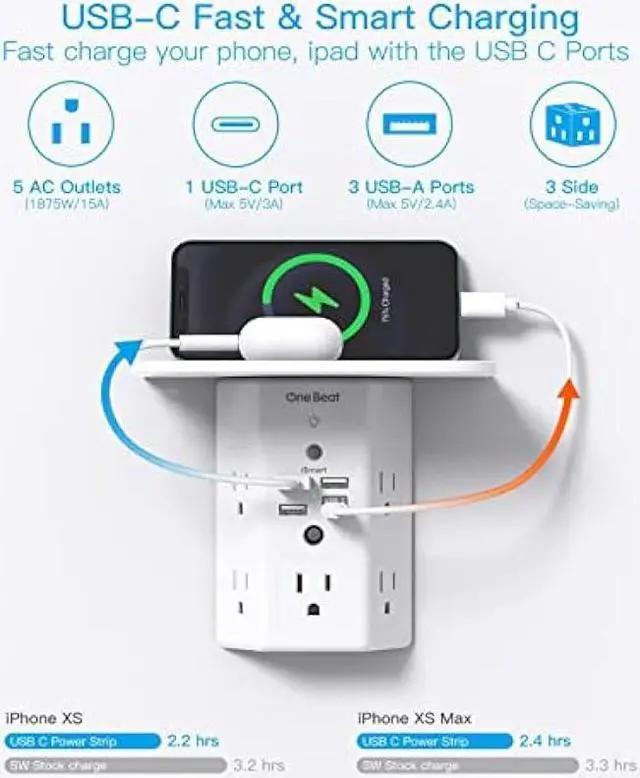Alt view image 4 of 6 - Multi Plug Outlets, Wall Outlet Extender with Night Light and Outlet Shelf, Surge Protector 4 USB Ports(1 USB C), USB Wall Charger Power Strip Electric Outlet Splitter for Home Office