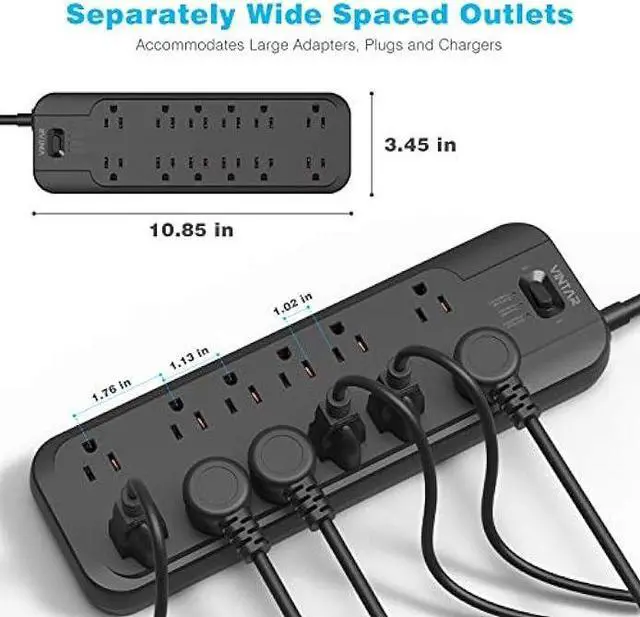 Alt view image 5 of 5 - VINTAR Power Strip Surge Protector (2 × 4800 Joules) with 12 AC Outlets,1875W Output, 6ft Long Extension Cord Flat Plug with Dual Surge Protection for Office, Home, ETL Listed, Black