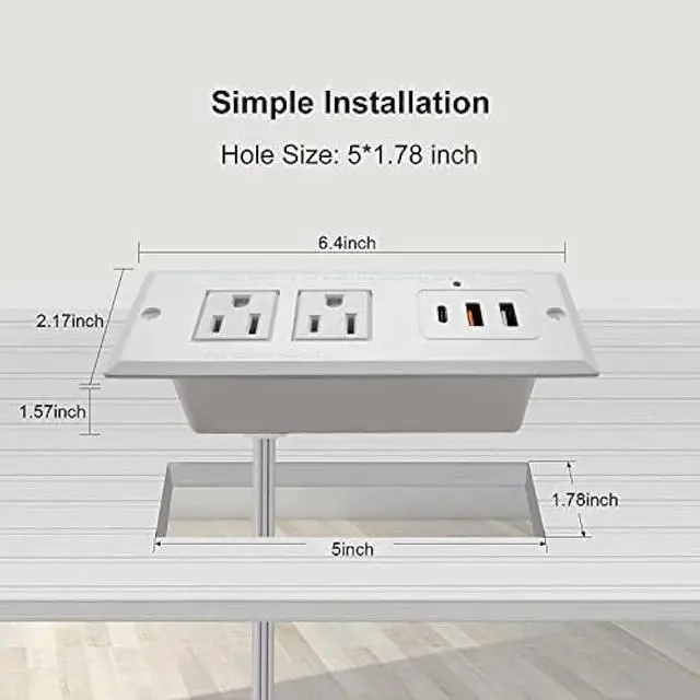 Alt view image 3 of 7 - Recessed Power Strip with USB C, 20W PD Fast Charge Desk Multiple Outlets Type C Mountable Power Socket 6.56 FT Extension Cord (White)