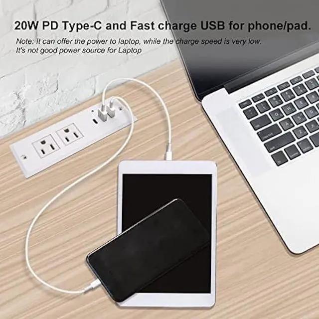 Alt view image 5 of 7 - Recessed Power Strip with USB C, 20W PD Fast Charge Desk Multiple Outlets Type C Mountable Power Socket 6.56 FT Extension Cord (White)