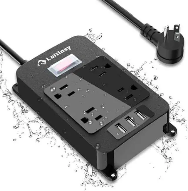 Main image of Outdoor Power Strip Weatherproof with 4 Outlets, Outdoor Surge Protector Waterproof, 3 USB Ports, 6 FT Extension Cord, Electric Shockproof, Plug Extender Wall Mount for Bathroom Kitchen Patio,Black