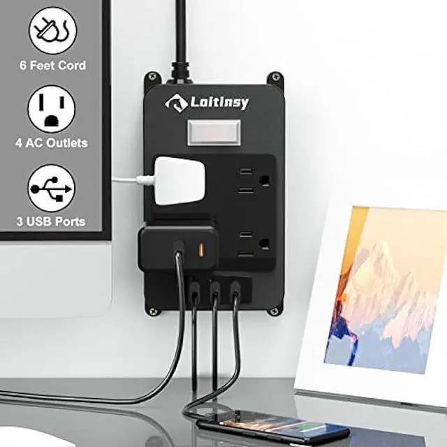 Alt view image 2 of 6 - Outdoor Power Strip Weatherproof with 4 Outlets, Outdoor Surge Protector Waterproof, 3 USB Ports, 6 FT Extension Cord, Electric Shockproof, Plug Extender Wall Mount for Bathroom Kitchen Patio,Black