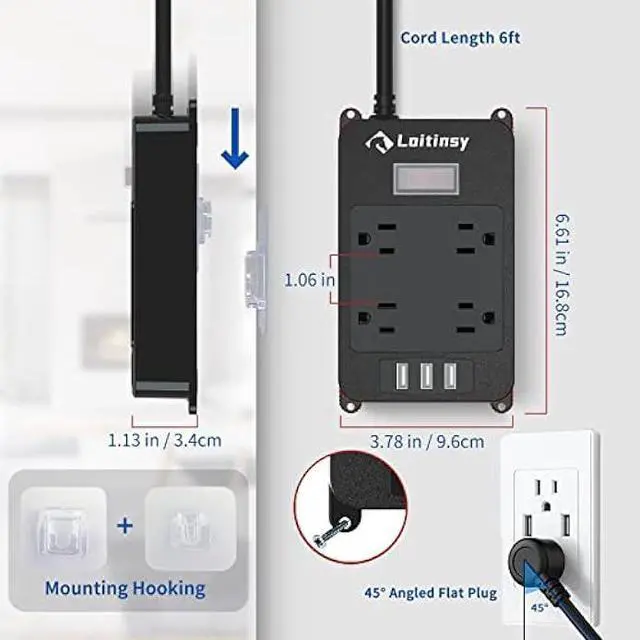 Alt view image 6 of 6 - Outdoor Power Strip Weatherproof with 4 Outlets, Outdoor Surge Protector Waterproof, 3 USB Ports, 6 FT Extension Cord, Electric Shockproof, Plug Extender Wall Mount for Bathroom Kitchen Patio,Black