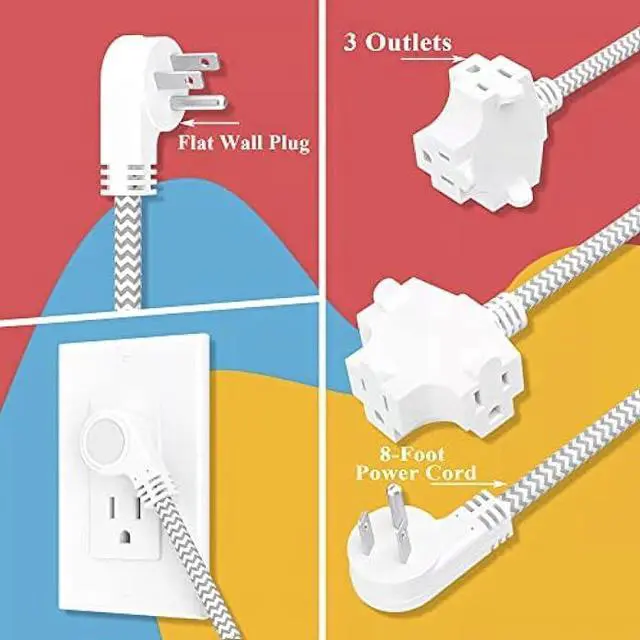 Alt view image 2 of 5 - Oviitech 3 Outlet Extension Cord Power Strip, 8 Ft Extension Cord, Use in Office, Travel or Home,13A/125V/1625W,Black and White Braided Thread,2 Pack