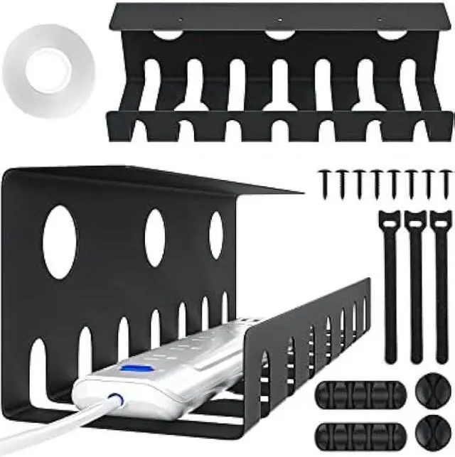 Main image of 2 Pack Under Desk Cable Management Tray, Metal Cable Tray Basket for Wire Management, No Drill/Drill PC Cord Organizer for Home Office Computer Desk Cable Hider, 15.75x4.72x4.72in, Black Raceway