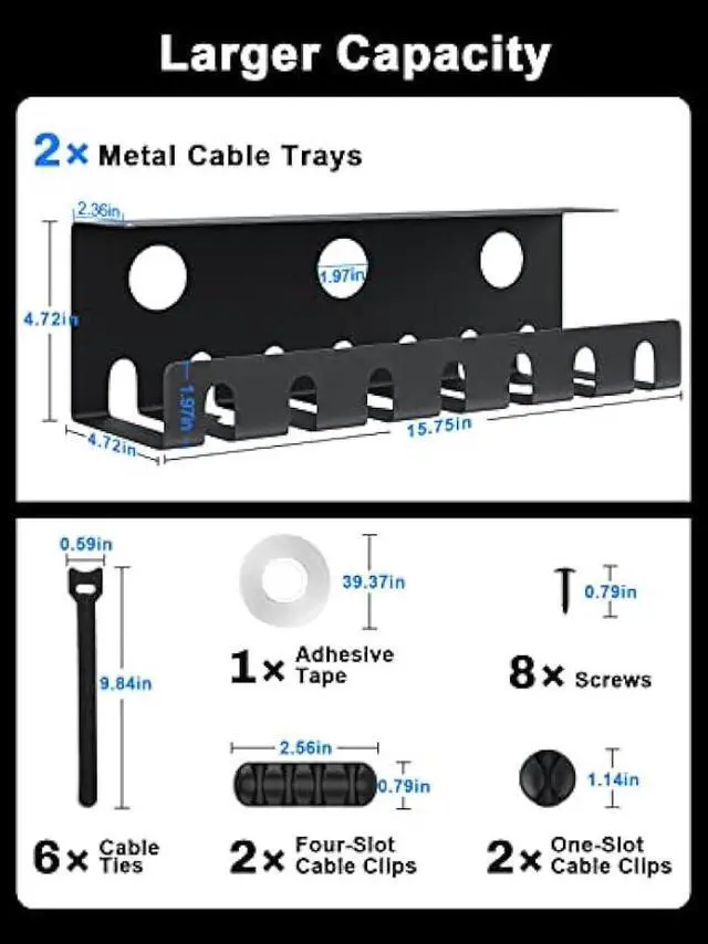 Alt view image 3 of 6 - 2 Pack Under Desk Cable Management Tray, Metal Cable Tray Basket for Wire Management, No Drill/Drill PC Cord Organizer for Home Office Computer Desk Cable Hider, 15.75x4.72x4.72in, Black Raceway