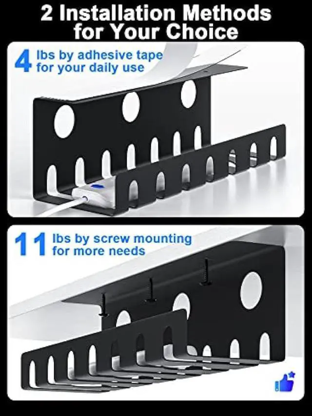 Alt view image 4 of 6 - 2 Pack Under Desk Cable Management Tray, Metal Cable Tray Basket for Wire Management, No Drill/Drill PC Cord Organizer for Home Office Computer Desk Cable Hider, 15.75x4.72x4.72in, Black Raceway