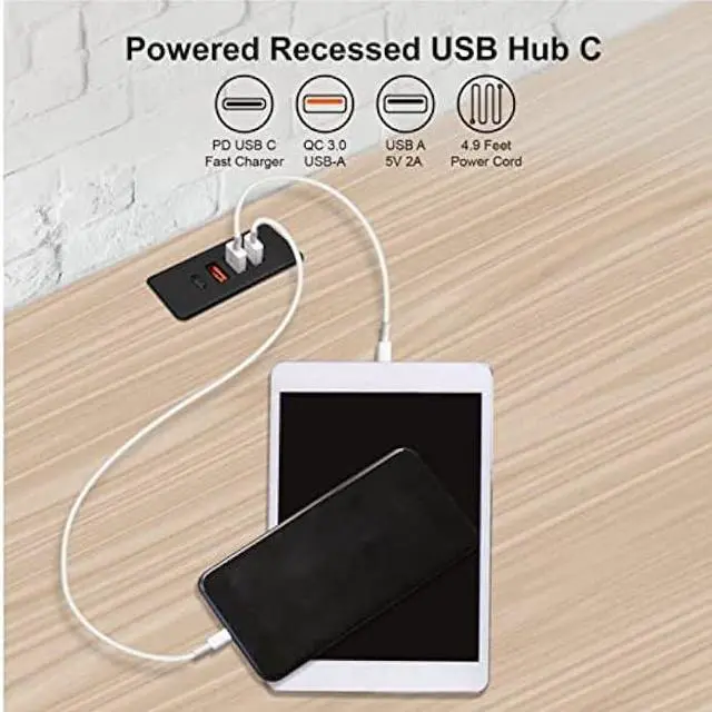 Alt view image 4 of 6 - Powered USB C Hub Socket Recessed USB C Power Strip Outlet with Fast Charge 4 USB Ports 20W Mounted into Bed Desk Table Sofa (Black)