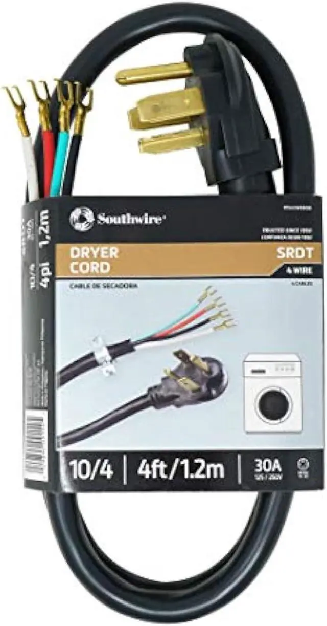 Alt view image 2 of 6 - Southwire 9154SW8808 Dryer Power Cord, 4-Foot, 1/4-Inch Flanged Terminals, Flat Plug, Compatible With Most Standard Dryers With A 3 Conductor Wall Outlet, 125/250-Volt, 30-Amp