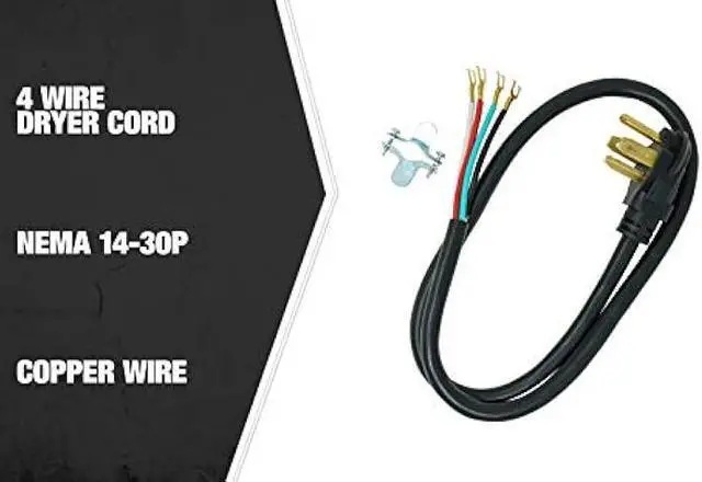 Alt view image 4 of 6 - Southwire 9154SW8808 Dryer Power Cord, 4-Foot, 1/4-Inch Flanged Terminals, Flat Plug, Compatible With Most Standard Dryers With A 3 Conductor Wall Outlet, 125/250-Volt, 30-Amp