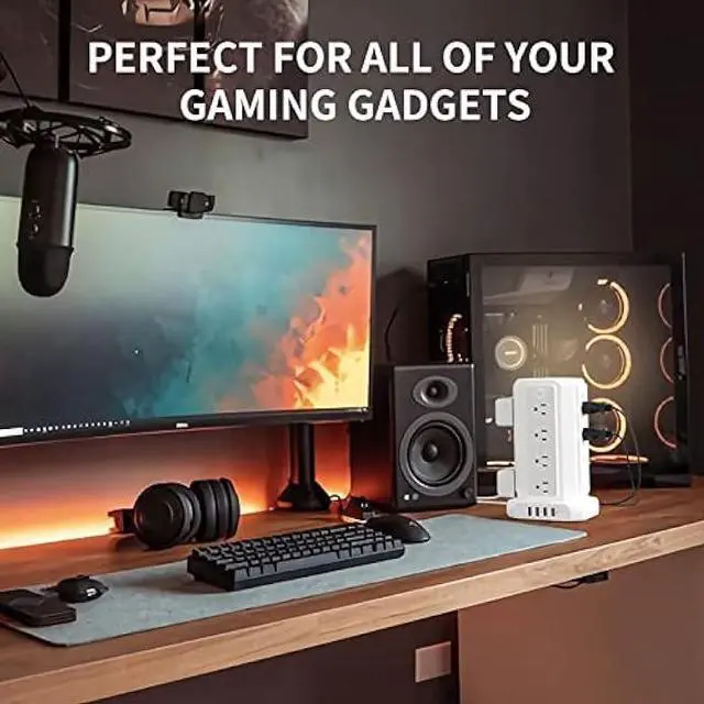 Alt view image 2 of 5 - Power Strip Tower Surge Protector, NTONPOWER 16 Outlet 4 USB Ports Desktop Charging Station, Individual Switch, 5 ft Extension Cord with Multiple Outlets for Home Office Dorm Room Desk, 1080J, White