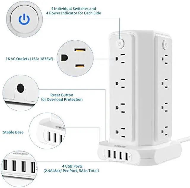Alt view image 5 of 5 - Power Strip Tower Surge Protector, NTONPOWER 16 Outlet 4 USB Ports Desktop Charging Station, Individual Switch, 5 ft Extension Cord with Multiple Outlets for Home Office Dorm Room Desk, 1080J, White