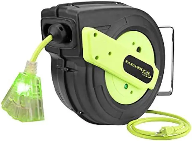 Main image of Flexzilla Retractable Extension Cord Reel, 12/3 AWG SJTOW Cord, 60', Grounded Triple Tap Outlet, ZillaGreen, FZ8120603
