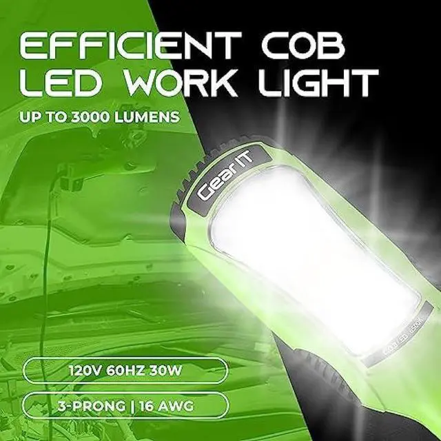 Alt view image 2 of 6 - GearIT LED Work Light (20 feet) 3000 Lumen COB LED - 16 Gauge SJTW Indoor/Outdoor NEMA 5-15R Extension Cord - Handheld, Rotating Hanger, Magnetic Base for Auto Mechanic and Construction - 20ft