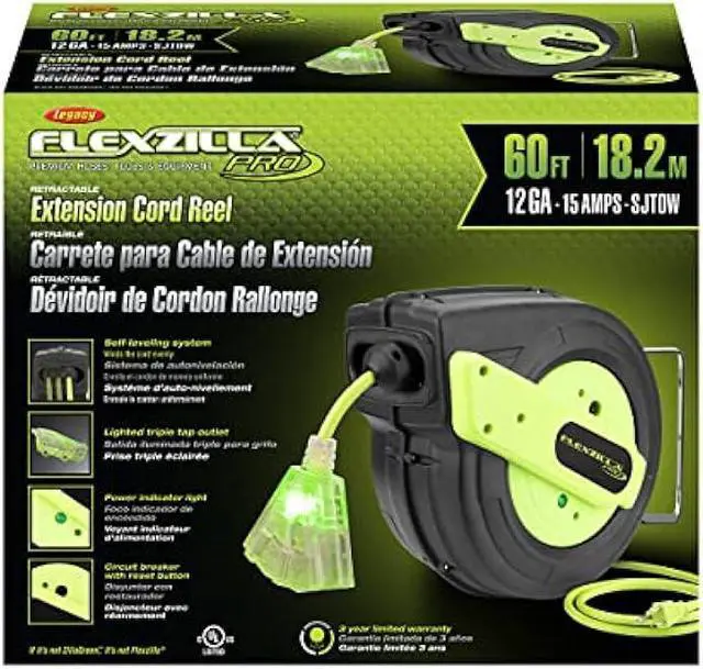 Alt view image 3 of 5 - Flexzilla Retractable Extension Cord Reel, 12/3 AWG SJTOW Cord, 60', Grounded Triple Tap Outlet, ZillaGreen, FZ8120603