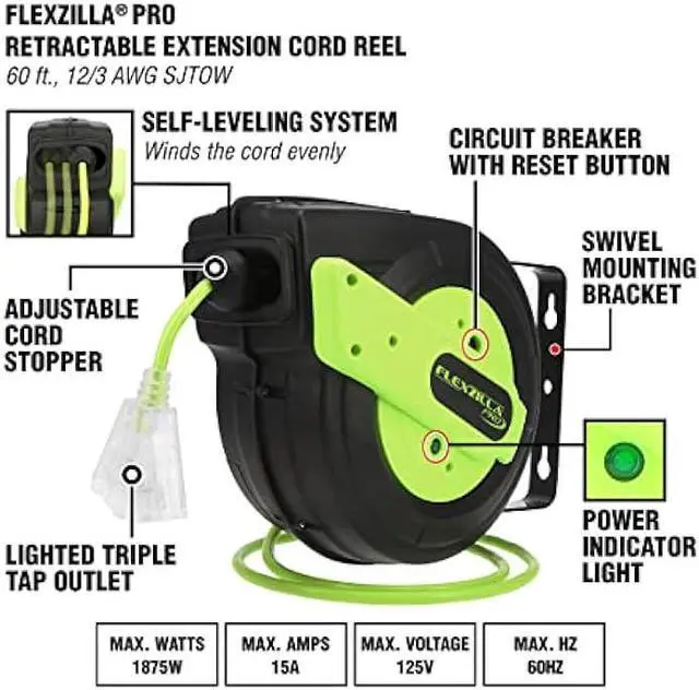 Alt view image 4 of 5 - Flexzilla Retractable Extension Cord Reel, 12/3 AWG SJTOW Cord, 60', Grounded Triple Tap Outlet, ZillaGreen, FZ8120603