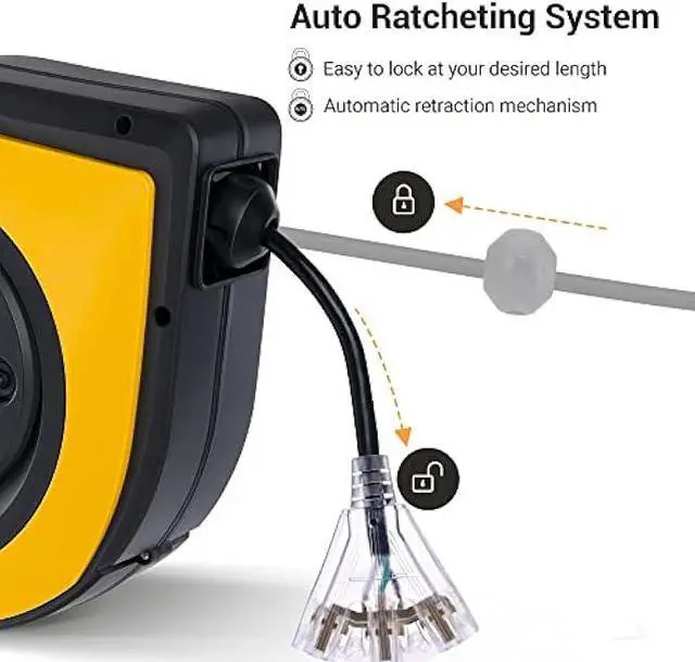 Alt view image 2 of 7 - DEWENWILS Retractable Cord Reel, 60 FT Heavy Duty Extension Cord, 12AWG/3C SJTOW, 3 Grounded Outlets Lighted Triple Tap, 15A Circuit Breaker, Wall/Ceiling Mounted for Garage and Workshop, UL Listed