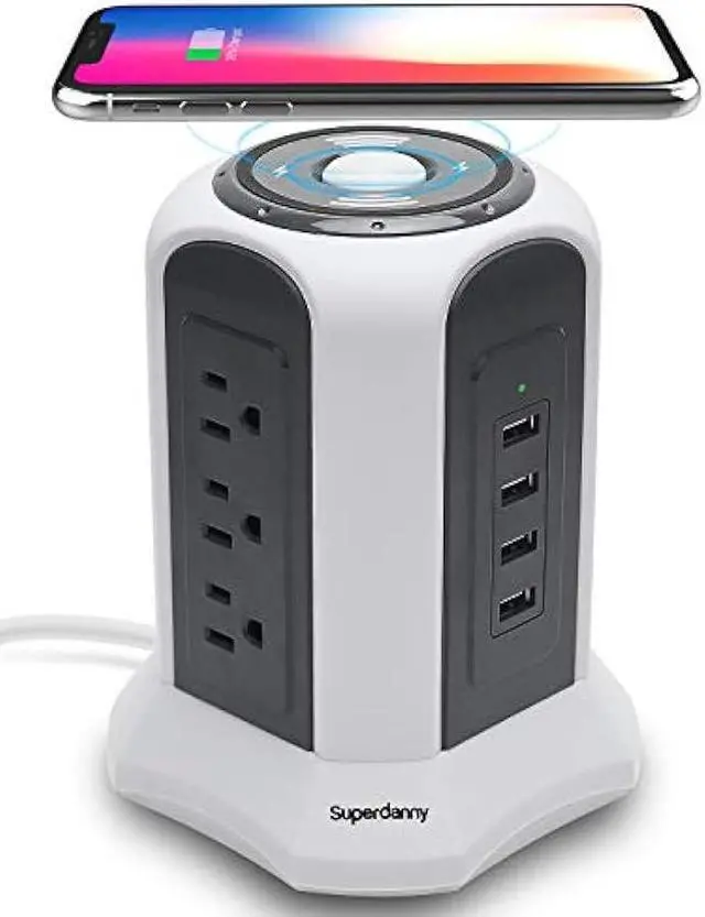 Main image of 10ft Power Strip Tower Wireless Charger SUPERDANNY Surge Protector Extension Cord 10A 9-Outlet 4.5A 4 USB Electrical Charging Station Universal Socket for Laptop Phone White and Gray