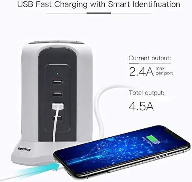 Alt view image 3 of 5 - 10ft Power Strip Tower Wireless Charger SUPERDANNY Surge Protector Extension Cord 10A 9-Outlet 4.5A 4 USB Electrical Charging Station Universal Socket for Laptop Phone White and Gray