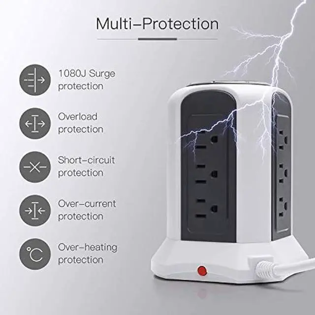 Alt view image 4 of 5 - 10ft Power Strip Tower Wireless Charger SUPERDANNY Surge Protector Extension Cord 10A 9-Outlet 4.5A 4 USB Electrical Charging Station Universal Socket for Laptop Phone White and Gray