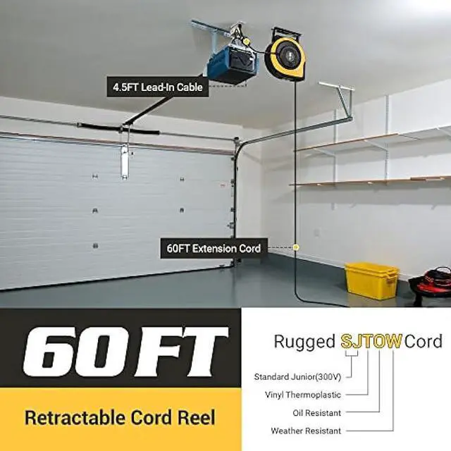 Alt view image 3 of 7 - DEWENWILS Retractable Cord Reel, 60 FT Heavy Duty Extension Cord, 12AWG/3C SJTOW, 3 Grounded Outlets Lighted Triple Tap, 15A Circuit Breaker, Wall/Ceiling Mounted for Garage and Workshop, UL Listed
