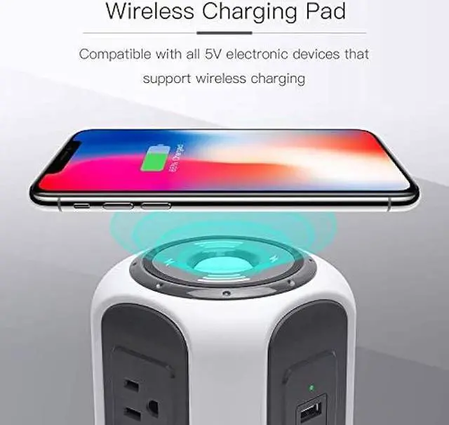 Alt view image 2 of 5 - 10ft Power Strip Tower Wireless Charger SUPERDANNY Surge Protector Extension Cord 10A 9-Outlet 4.5A 4 USB Electrical Charging Station Universal Socket for Laptop Phone White and Gray