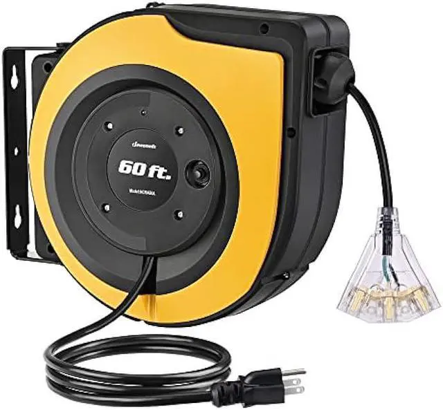 Main image of DEWENWILS Retractable Cord Reel, 60 FT Heavy Duty Extension Cord, 12AWG/3C SJTOW, 3 Grounded Outlets Lighted Triple Tap, 15A Circuit Breaker, Wall/Ceiling Mounted for Garage and Workshop, UL Listed