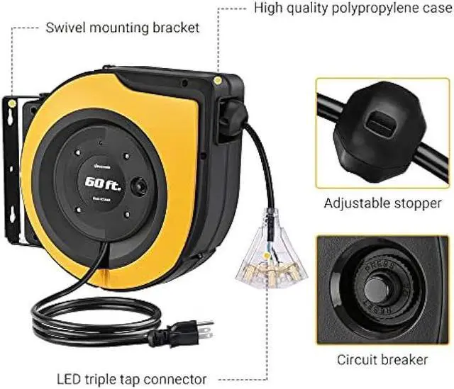 Alt view image 5 of 7 - DEWENWILS Retractable Cord Reel, 60 FT Heavy Duty Extension Cord, 12AWG/3C SJTOW, 3 Grounded Outlets Lighted Triple Tap, 15A Circuit Breaker, Wall/Ceiling Mounted for Garage and Workshop, UL Listed