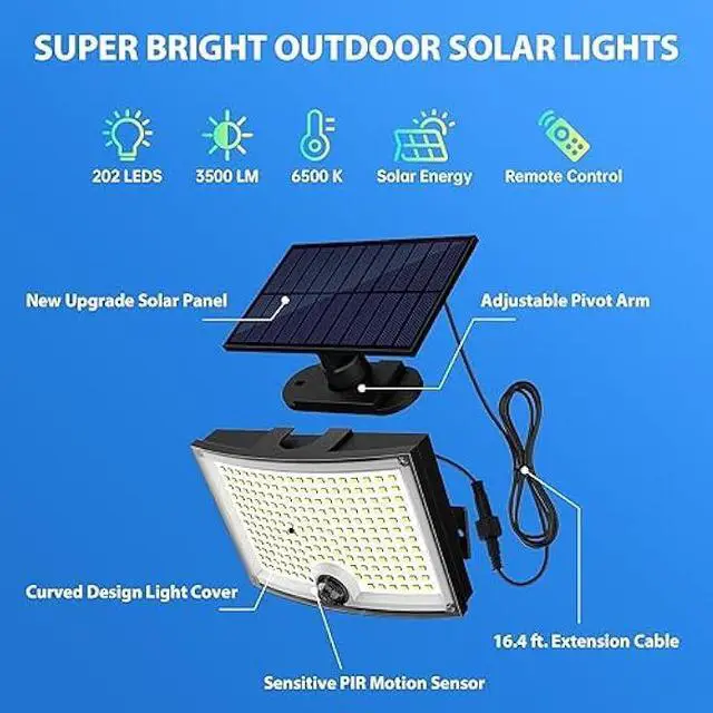 Alt view image 2 of 6 - Adiding Solar Outdoor Lights, 3500LM 202 LED Solar Flood Lights, Motion Sensor Outdoor Lights Solar Powered-3 Modes/16.4ft Cord/Remote, Solar Lights Outdoor Waterproof for Outside Patio,Garage, 2 Pack