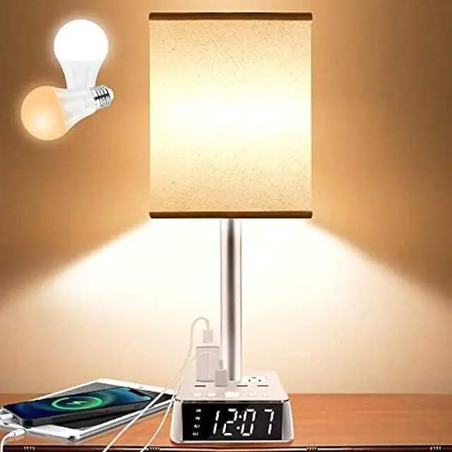Main image of Yostyle Table Lamp Bedside Lamp with 4 USB Ports and AC Power Outlets, Alarm Clock Base w/ 5Ft Extension Cord, Square Oatmeal Fabric Lampshade Modern Accent Nightstand Lamps for Bedrooms Living Room