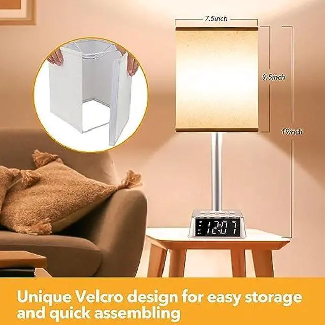 Alt view image 3 of 5 - Yostyle Table Lamp Bedside Lamp with 4 USB Ports and AC Power Outlets, Alarm Clock Base w/ 5Ft Extension Cord, Square Oatmeal Fabric Lampshade Modern Accent Nightstand Lamps for Bedrooms Living Room