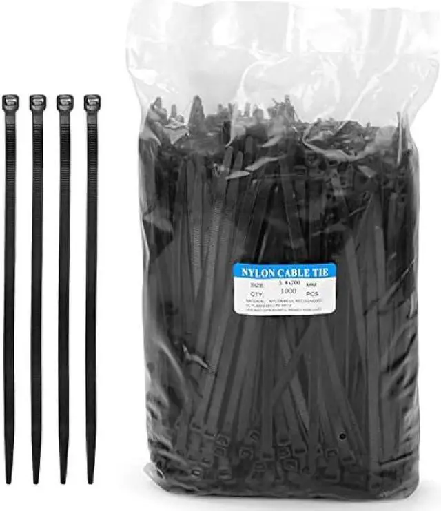 Main image of Black Zip Ties 8 inch 1000 pack Heavy Duty with Tensile Strength 75lbs Cable Ties UV Resistant Industrial Self Locking 8 Zipties Bulk Nylon Wire Tie Wraps Workshop Camping Outdoor Use, Zcpotizi
