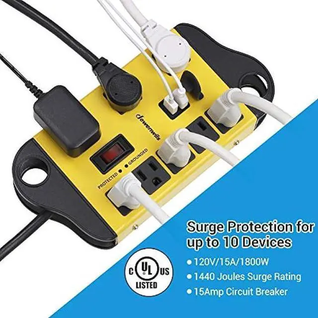 Alt view image 2 of 7 - DEWENWILS 8-Outlet Metal Power Strip Surge Protector with 2 USB Ports,15 Ft Flat Plug Extension Cord, Heavy Duty Industrial Power Strip,15A Circuit Breaker, 1440Joules, Wall Mount, UL Listed