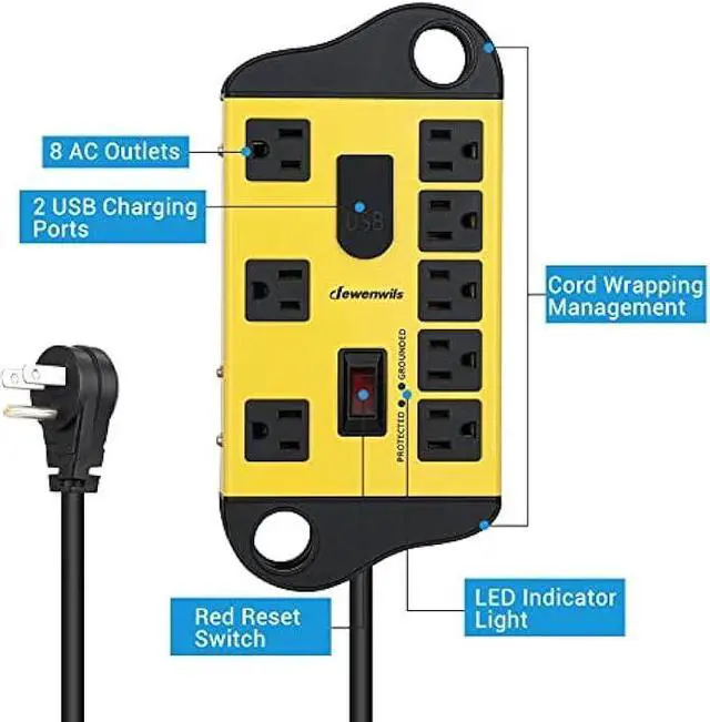 Alt view image 3 of 7 - DEWENWILS 8-Outlet Metal Power Strip Surge Protector with 2 USB Ports,15 Ft Flat Plug Extension Cord, Heavy Duty Industrial Power Strip,15A Circuit Breaker, 1440Joules, Wall Mount, UL Listed