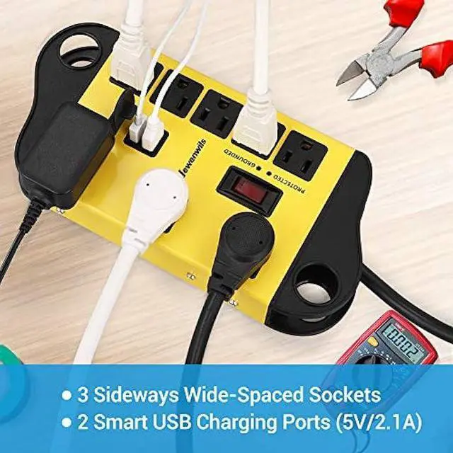 Alt view image 5 of 7 - DEWENWILS 8-Outlet Metal Power Strip Surge Protector with 2 USB Ports,15 Ft Flat Plug Extension Cord, Heavy Duty Industrial Power Strip,15A Circuit Breaker, 1440Joules, Wall Mount, UL Listed