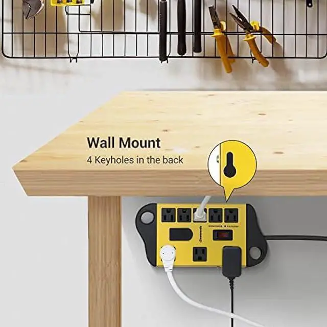 Alt view image 6 of 7 - DEWENWILS 8-Outlet Metal Power Strip Surge Protector with 2 USB Ports,15 Ft Flat Plug Extension Cord, Heavy Duty Industrial Power Strip,15A Circuit Breaker, 1440Joules, Wall Mount, UL Listed