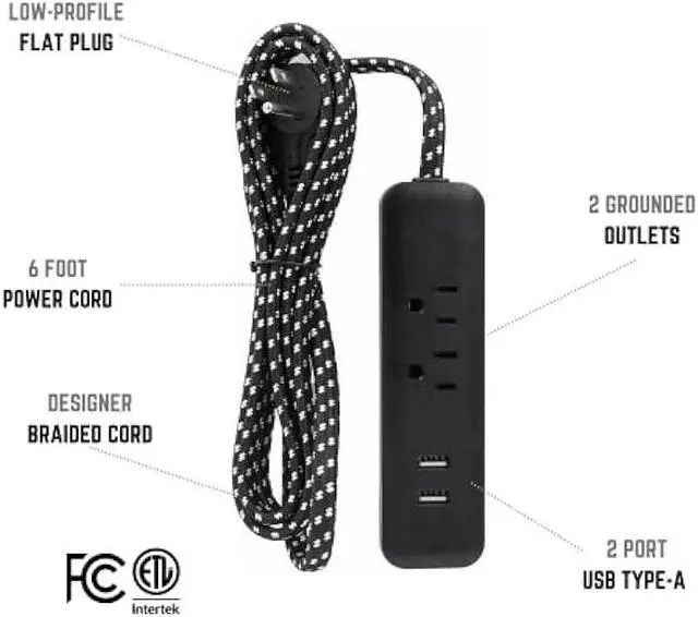 Alt view image 2 of 6 - Clear Power 6 ft 2 Outlet + USB Charger Designer Fabric Indoor Flat Plug Extension Cord 16/3 SPT-2, 3 Prong Grounded Plug (Black), CP10054